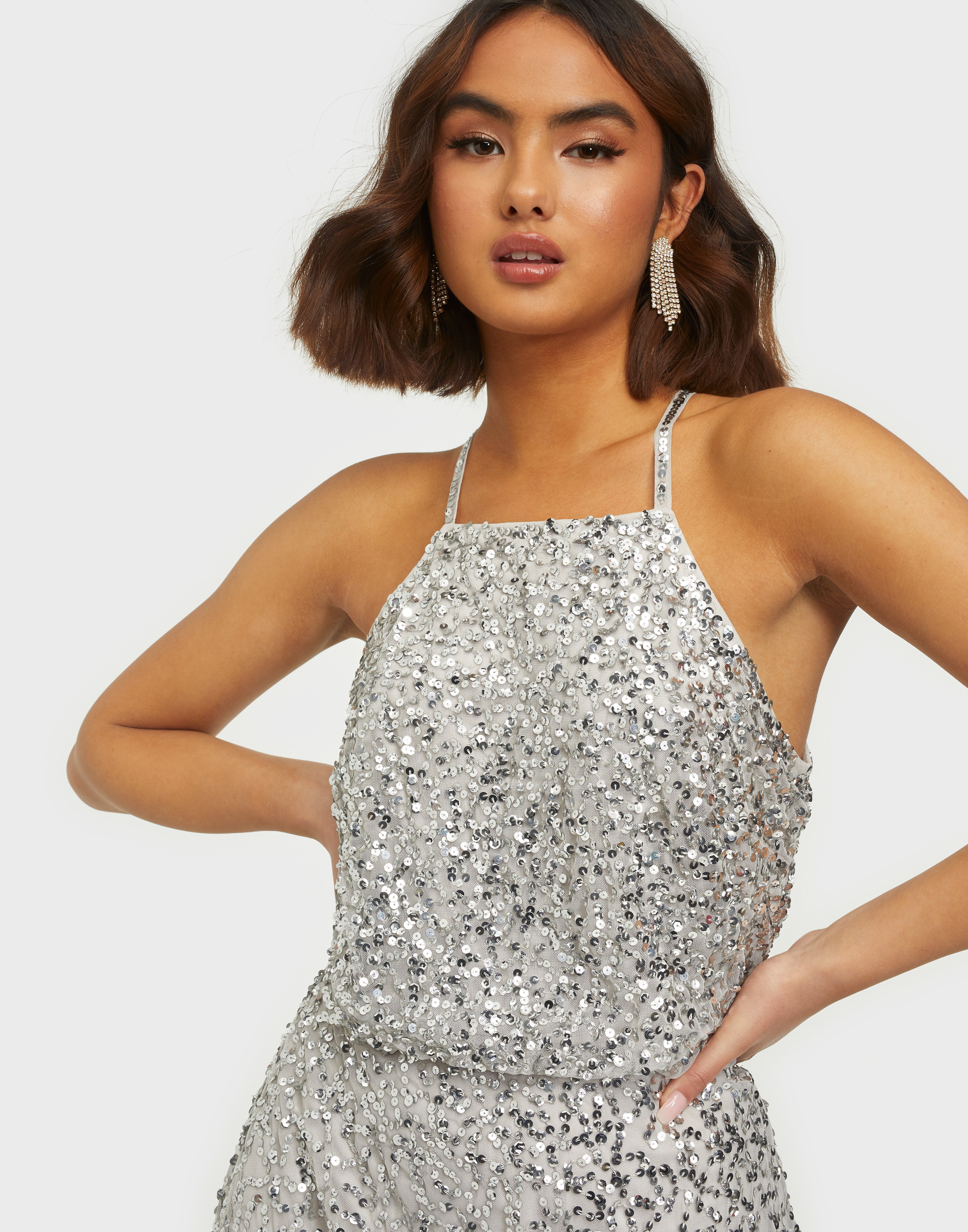 grey halter neck maxi dress