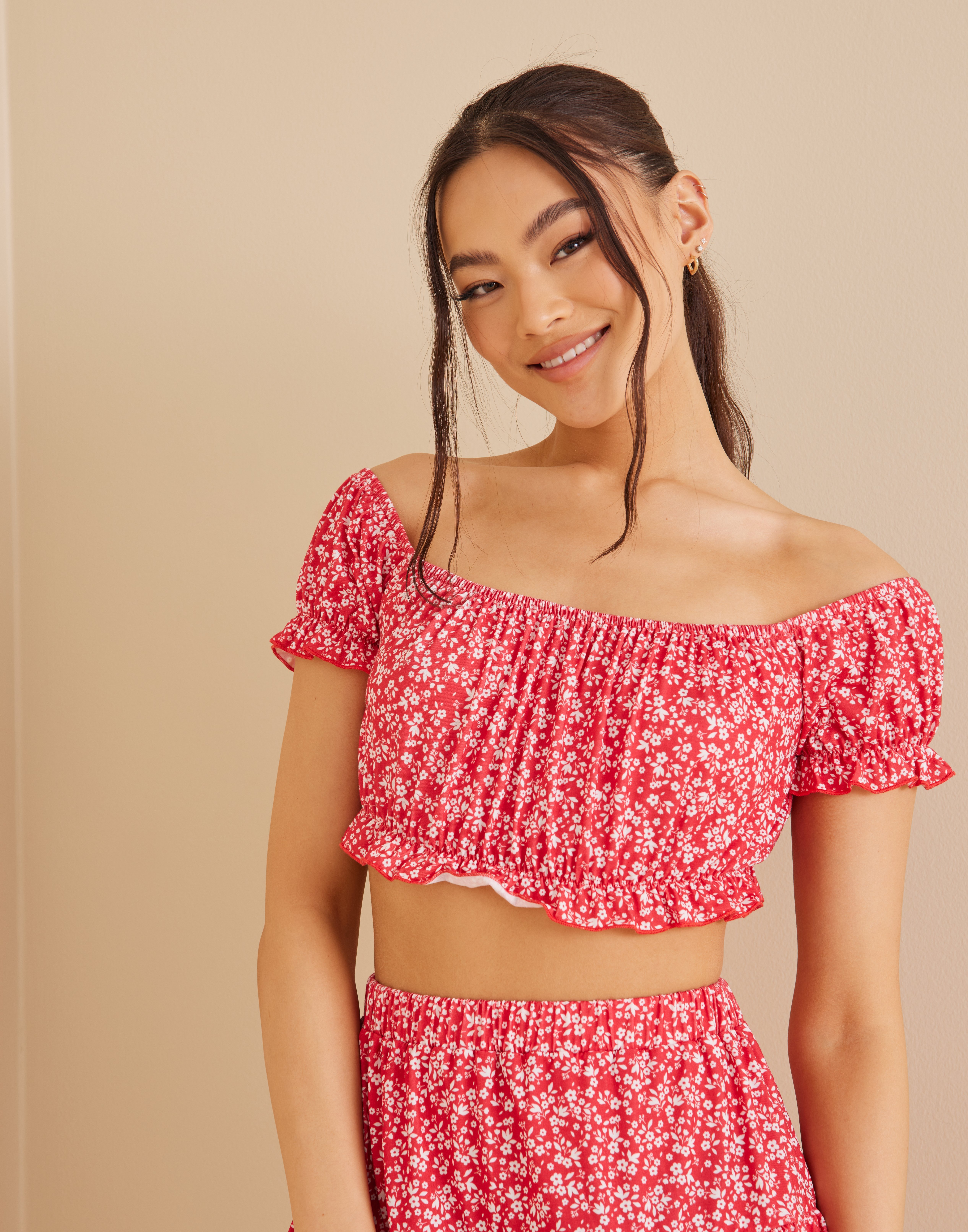 red ditsy floral frill detail crop top