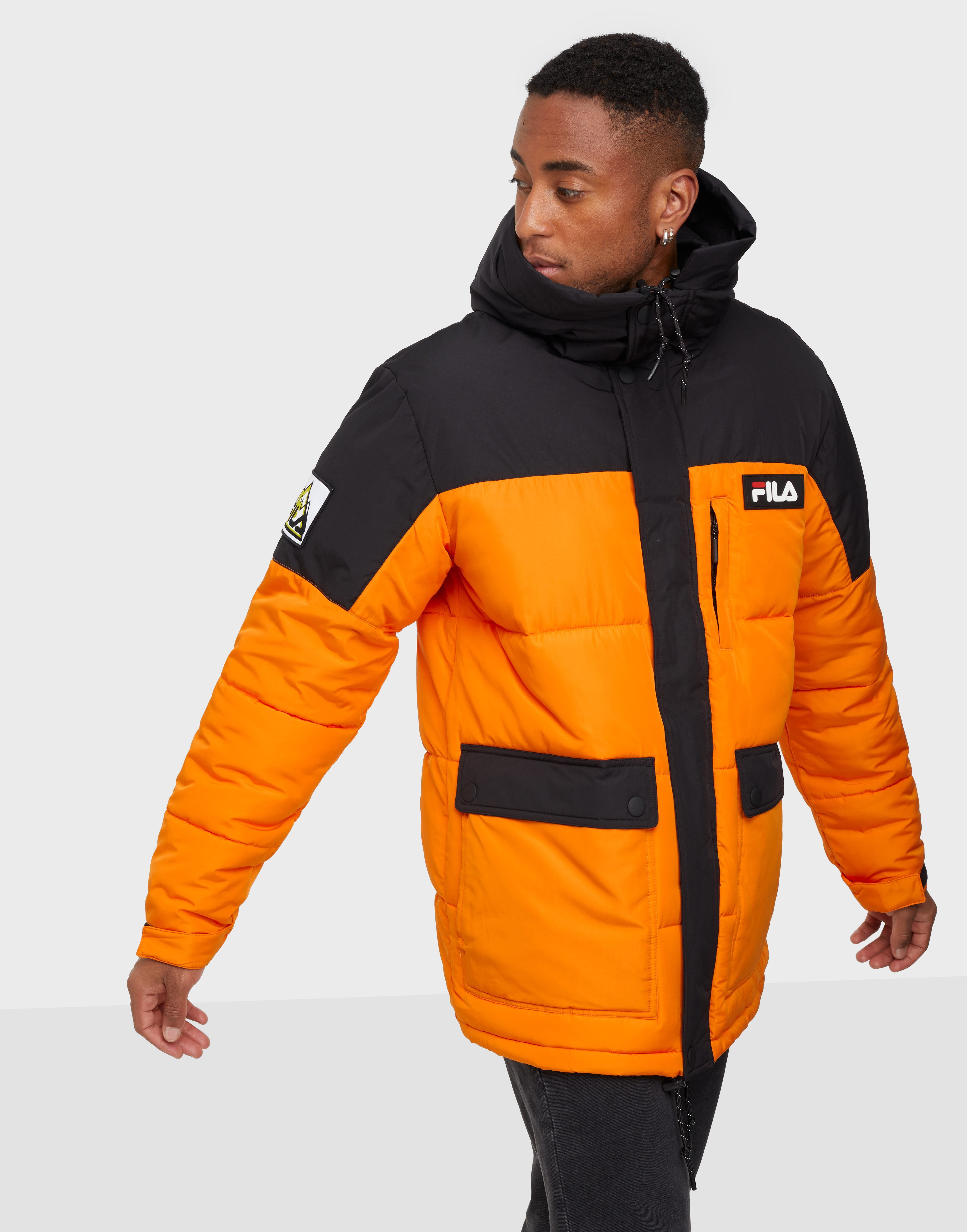 orange puffer bomber jacket