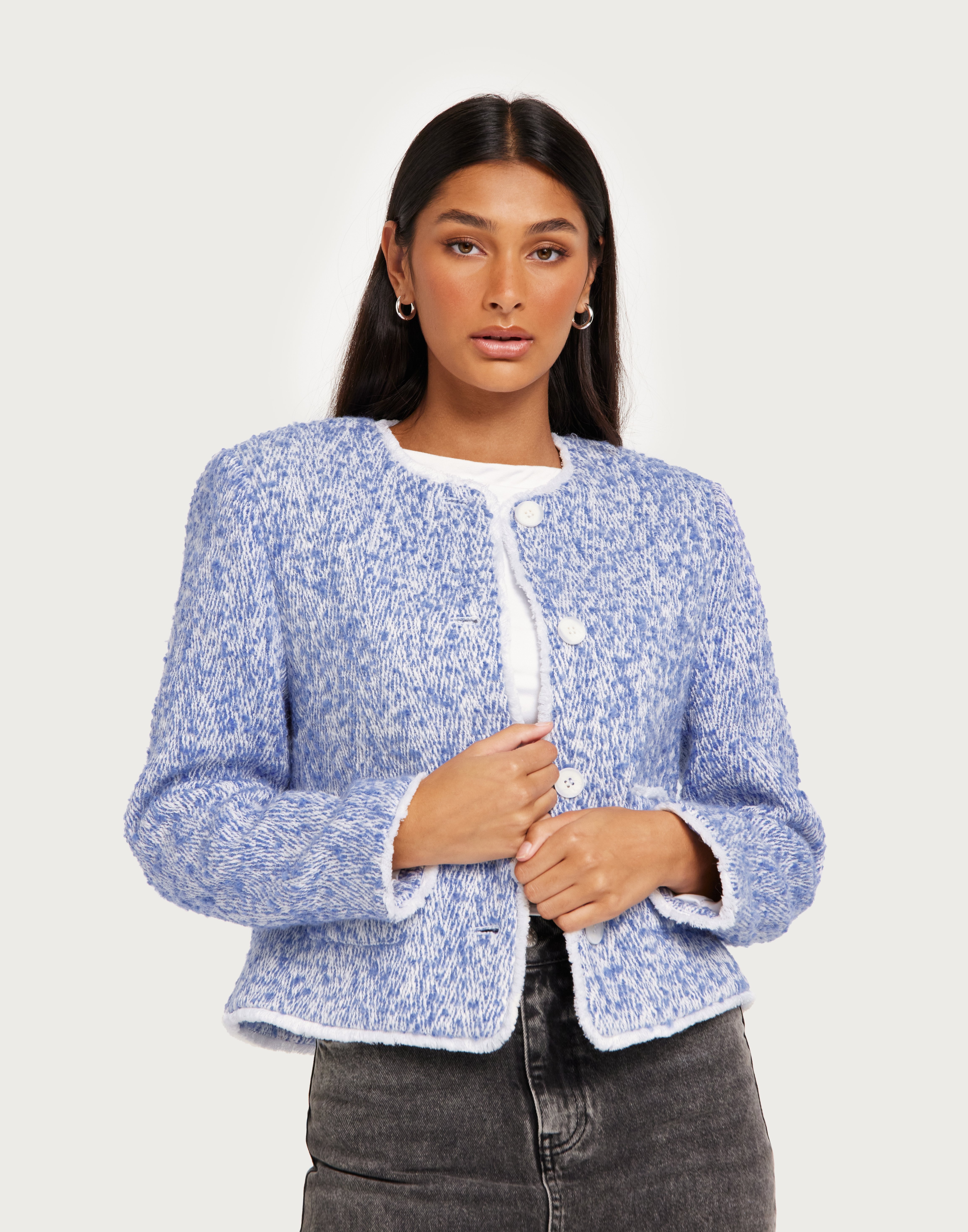 Toulouse Pattern Boucle Jacket - Dusty Blue - Nelly.com