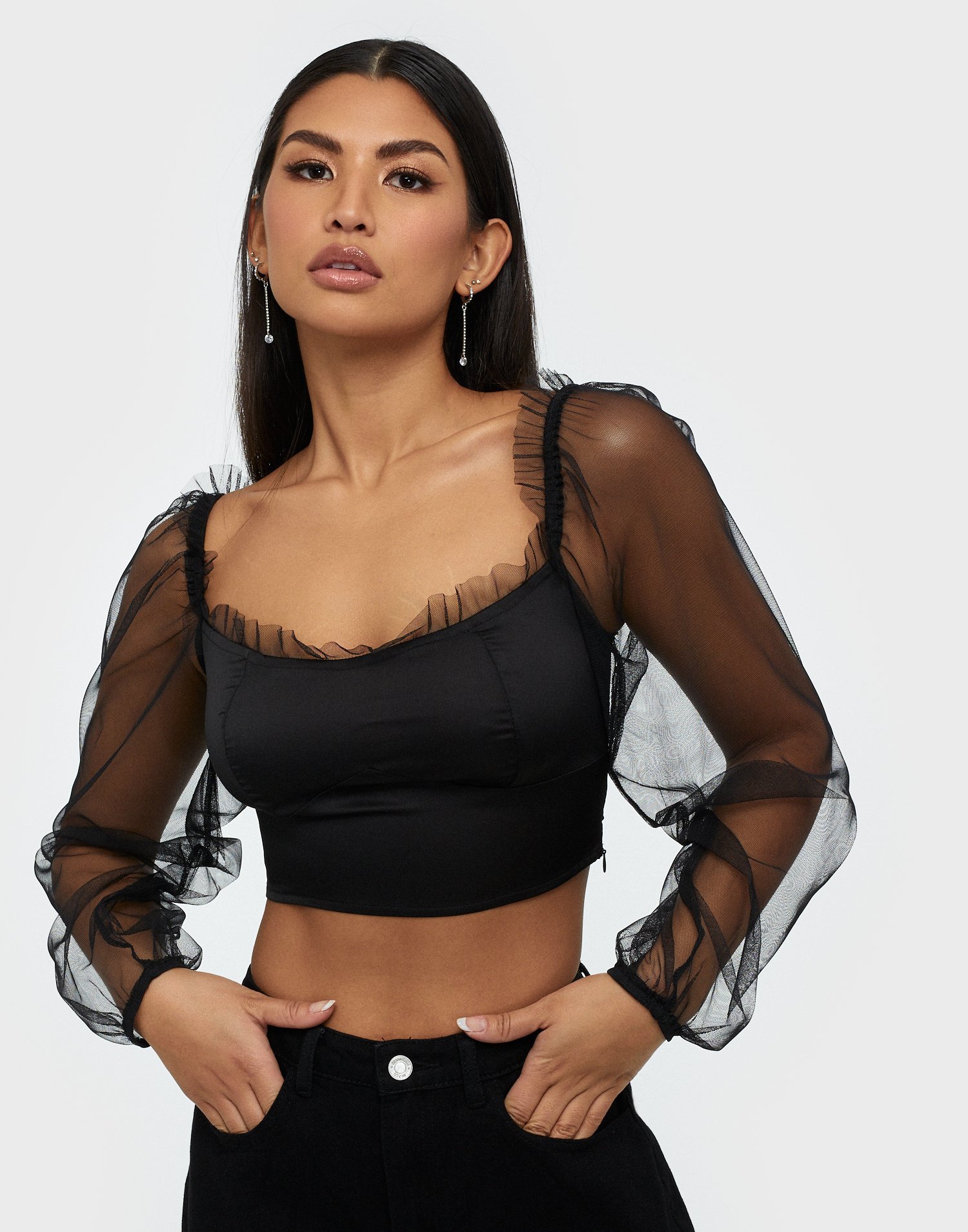 sheer sleeve crop top