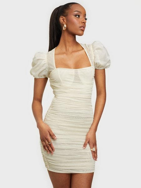 Mesh Puff Sleeve Mini Dress White ...