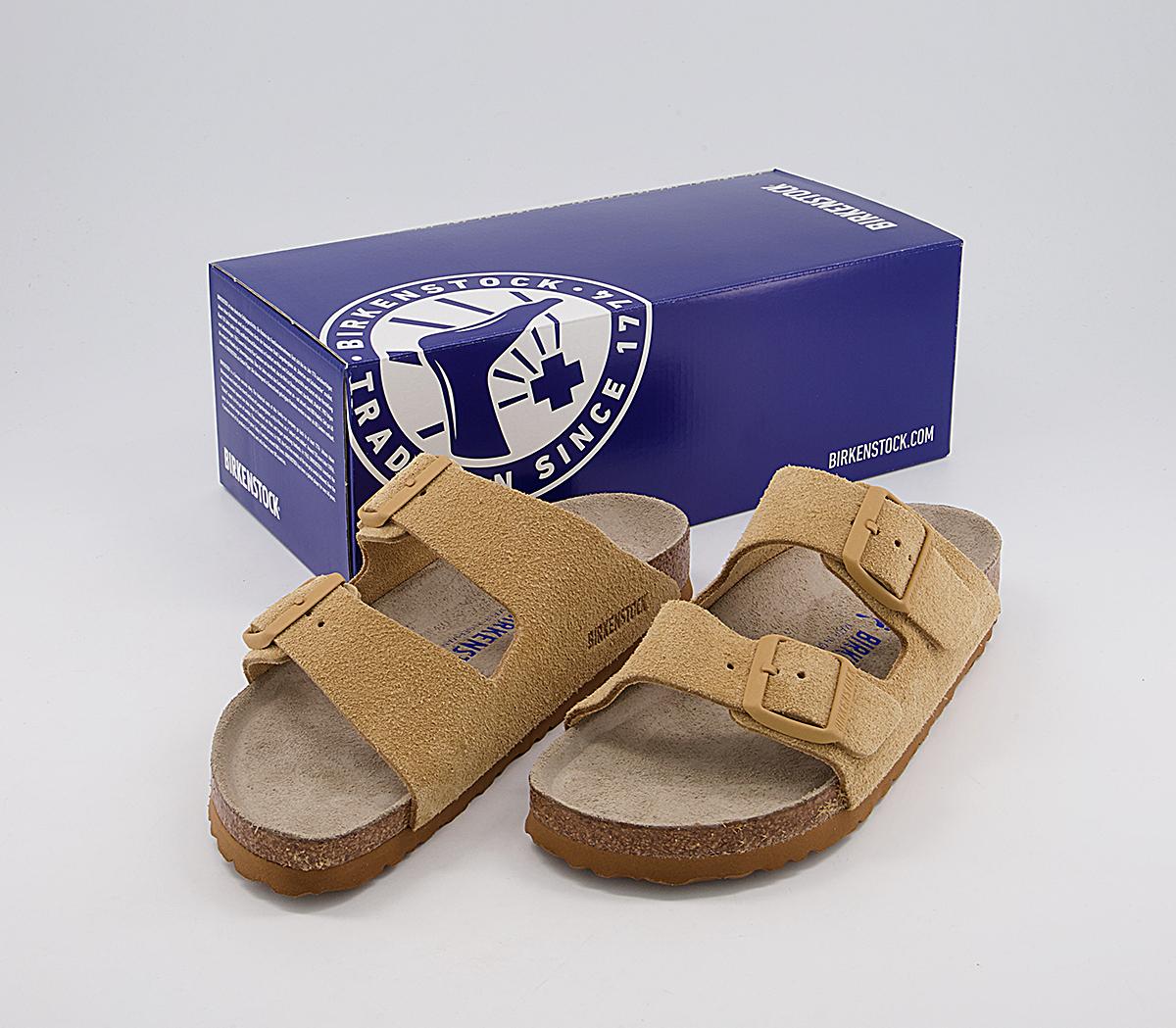 birkenstock arizona suede flat sandals in latte cream