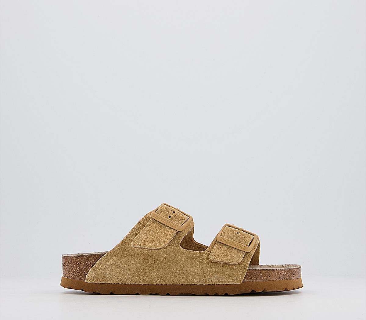 birkenstock arizona suede flat sandals in latte cream