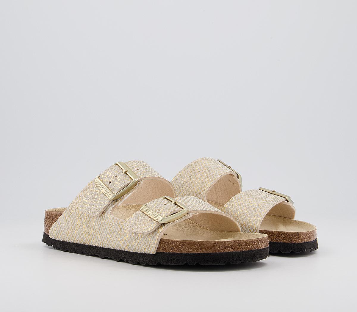 BIRKENSTOCK Arizona Two Strap Sandals Shiny Python Eggshell Gold - Womenâs Sandals