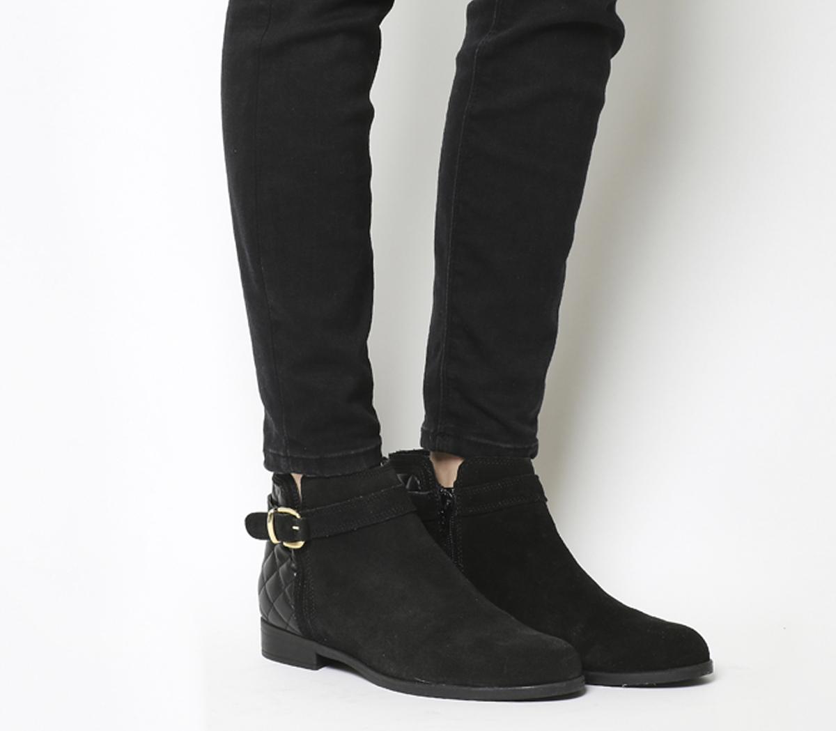 black suede buckle ankle boots
