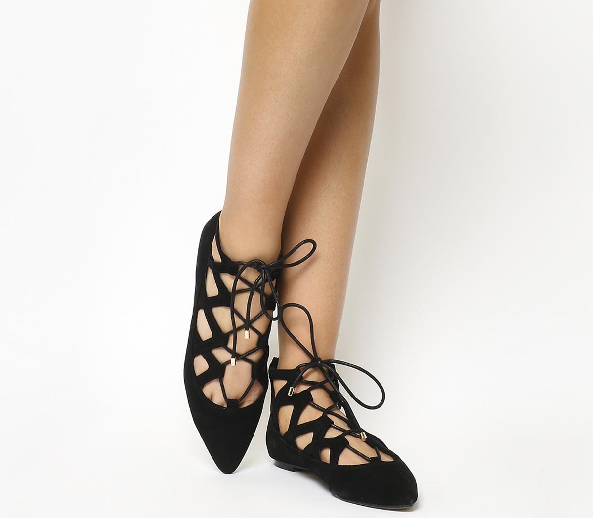 black pointed lace up flats