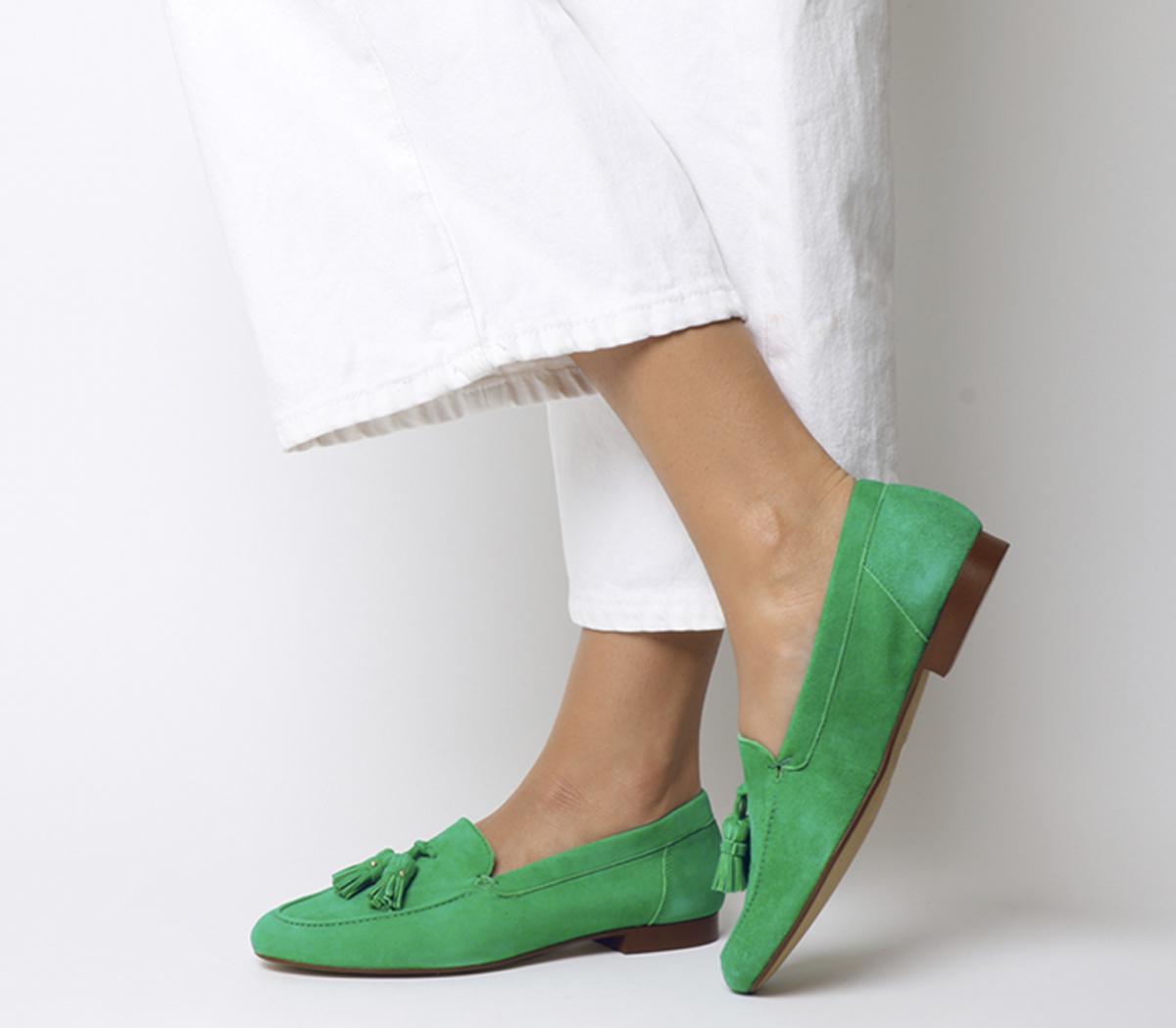green suede loafer