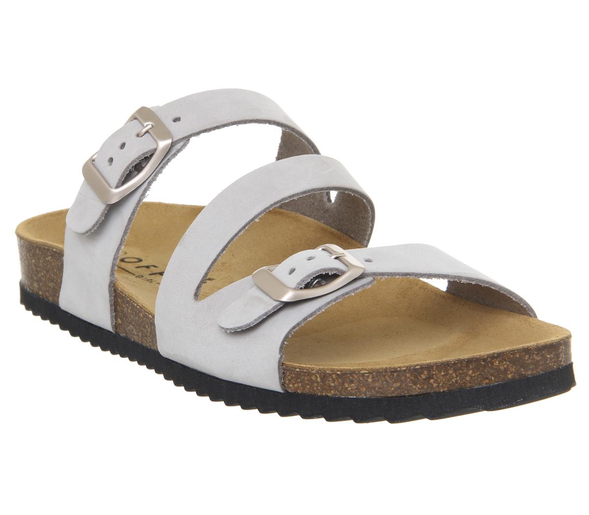 Womens Office Bounty Cross Strap Footbed Sandals Grey Nubuck Rose Gold Buckles S
