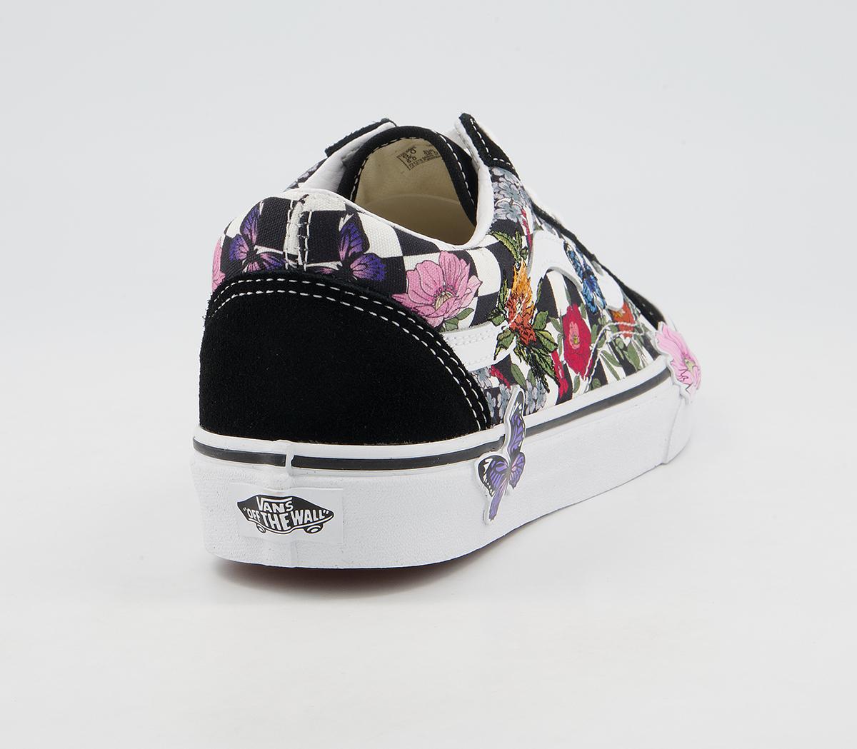 Vans Old Skool Trainers Black Embroidered Floral Checkerboard Exclusive