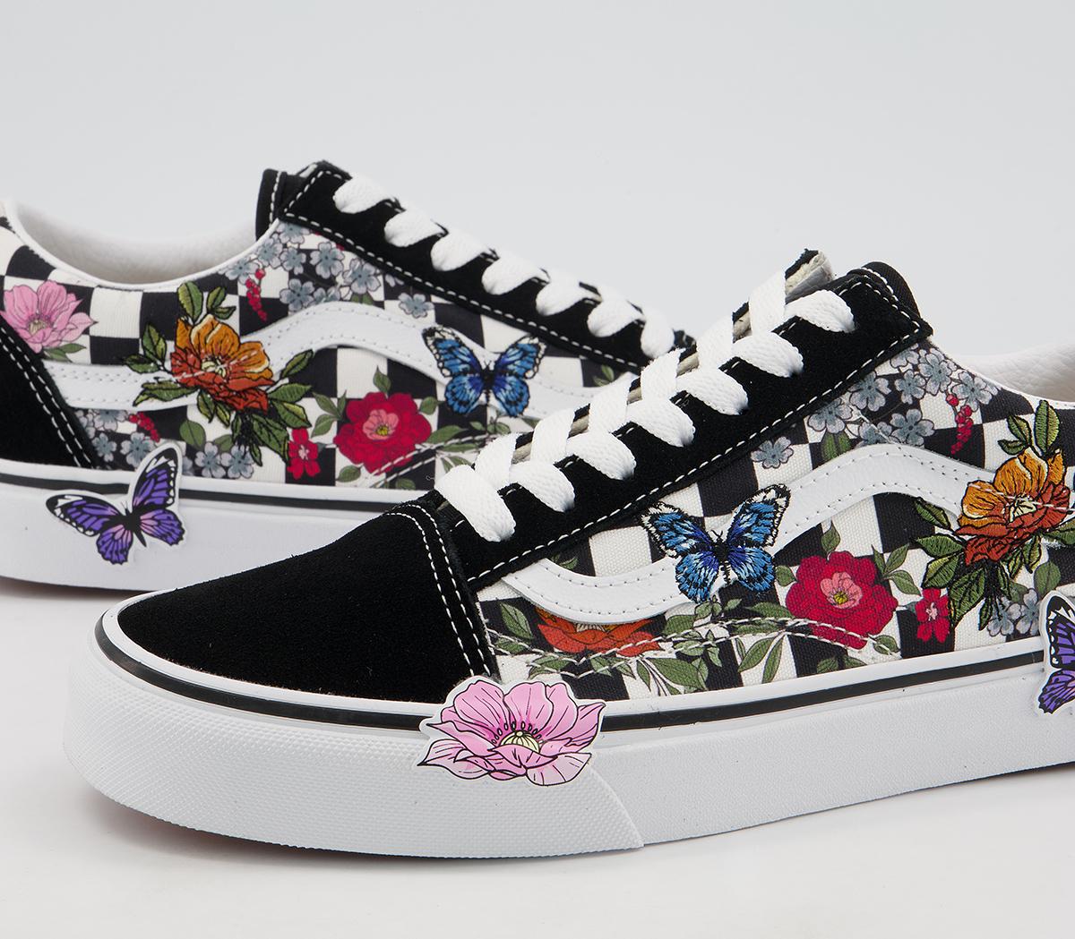 Vans Old Skool Trainers Black Embroidered Floral Checkerboard Exclusive ...