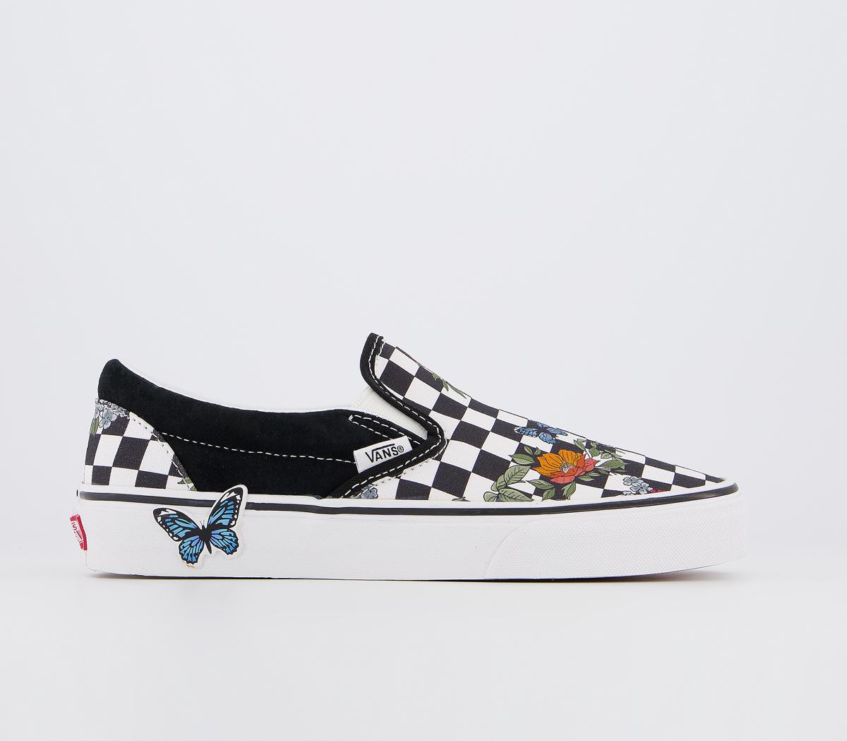 Classic Slip On Traines Black True White Floral Checkerboard - Hers