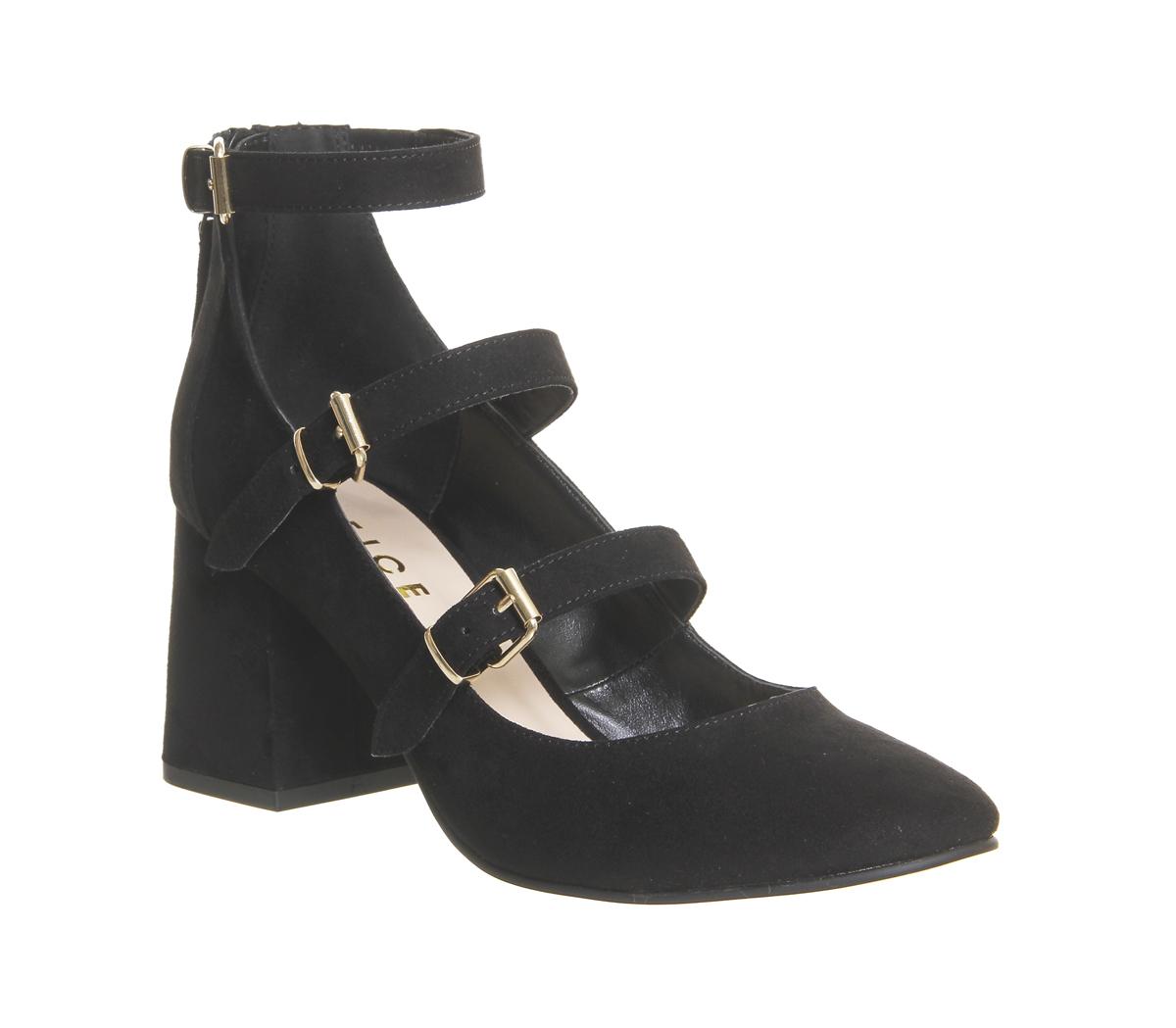 black heels with three straps
