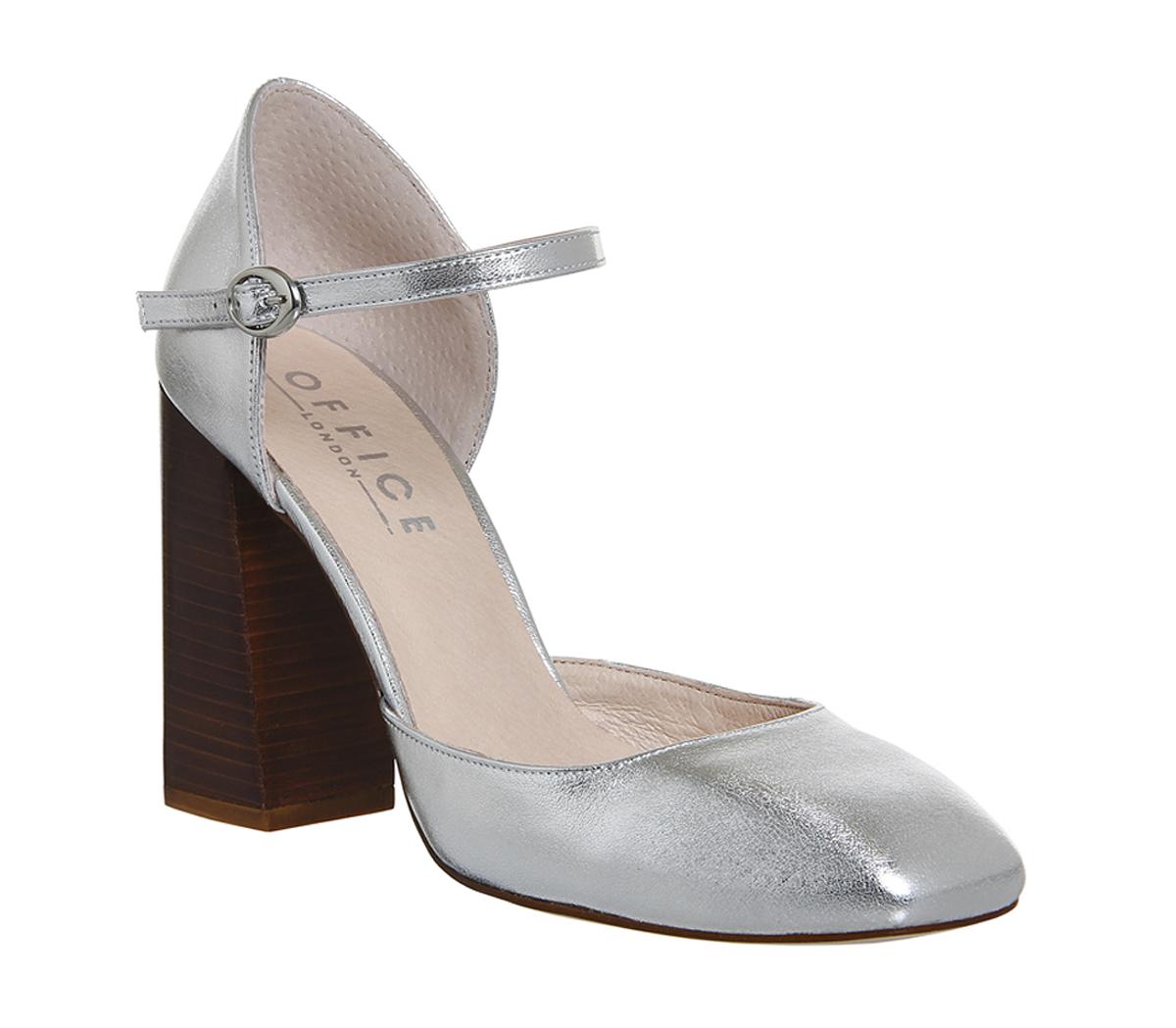 Office Nibbles Mary Jane Block Heels Silver Leather - High Heels