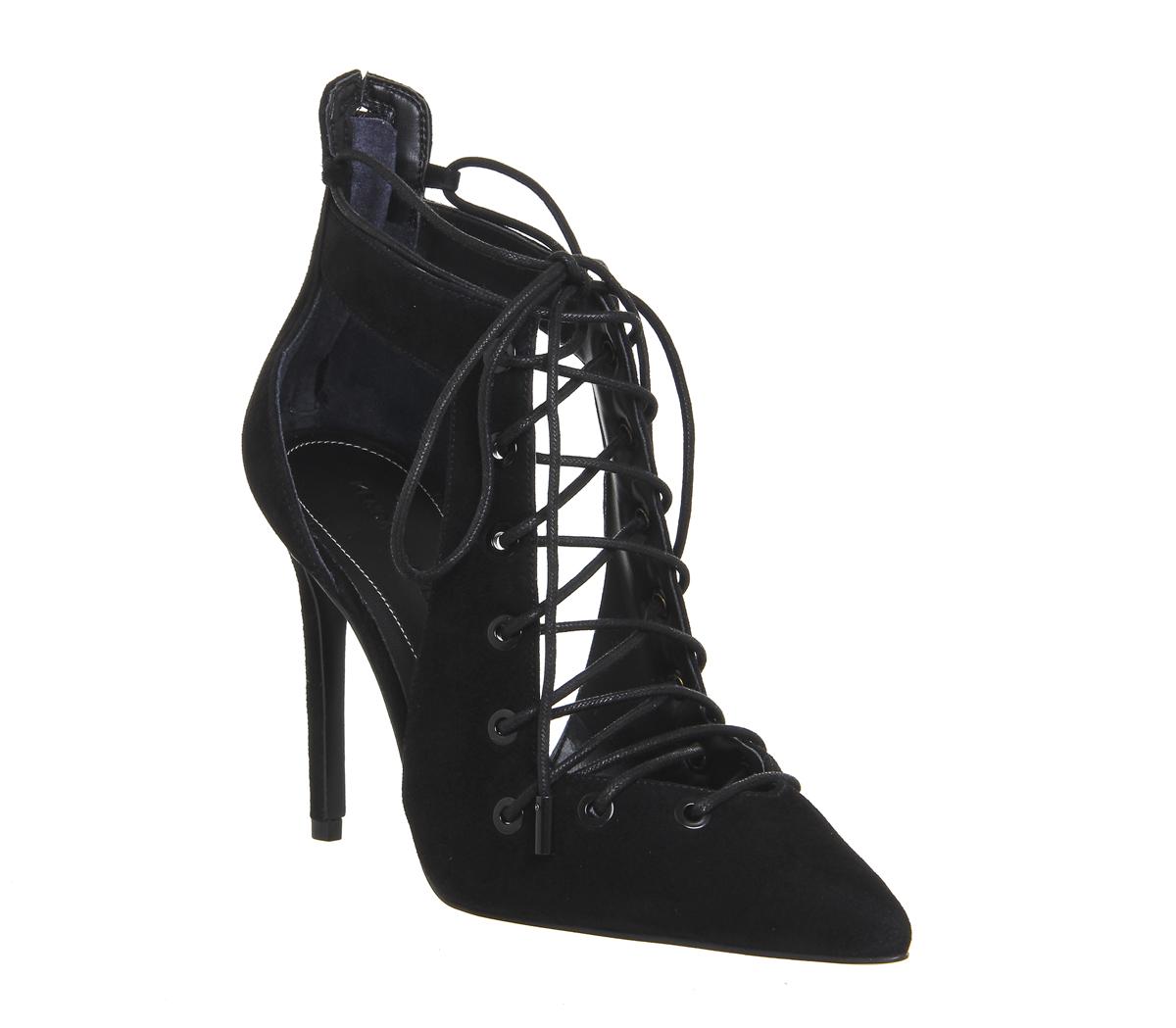 black suede tie up heels