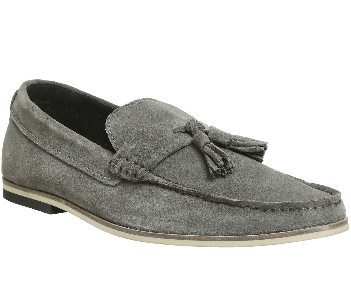 grey suede tassel loafers