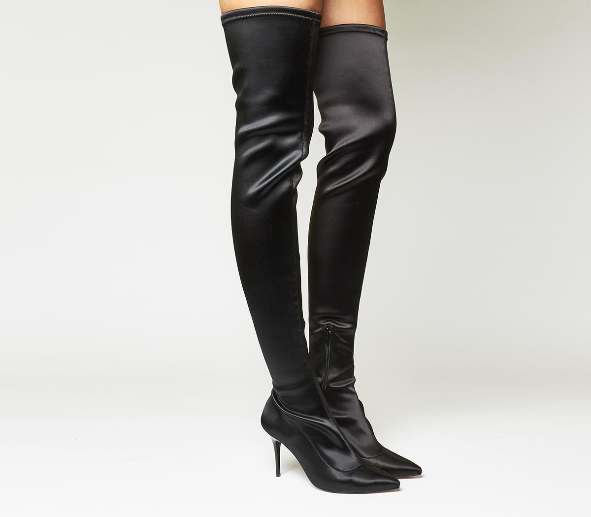 Office Kiss And Tell Stretch Over The Knee Boots Black Satin Stretch Knee High Boots