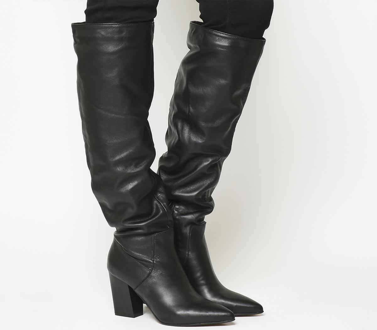 black suedette slouchy knee high boots