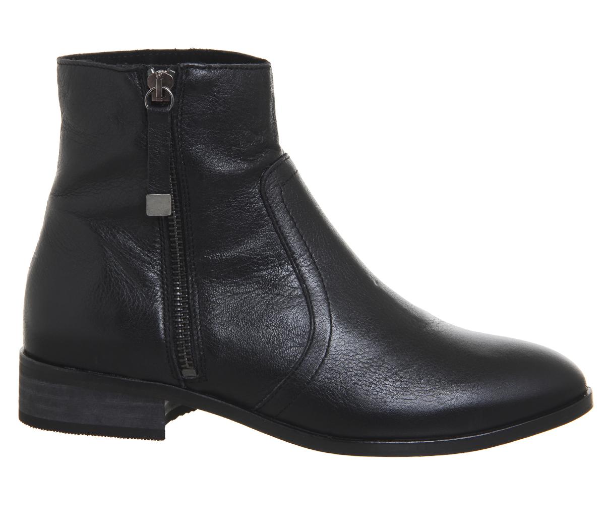 Office Actor- Side Zip Flat Ankle Boot Black Leather - Ankle Boots