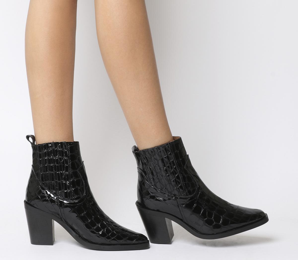 black croc patent boots