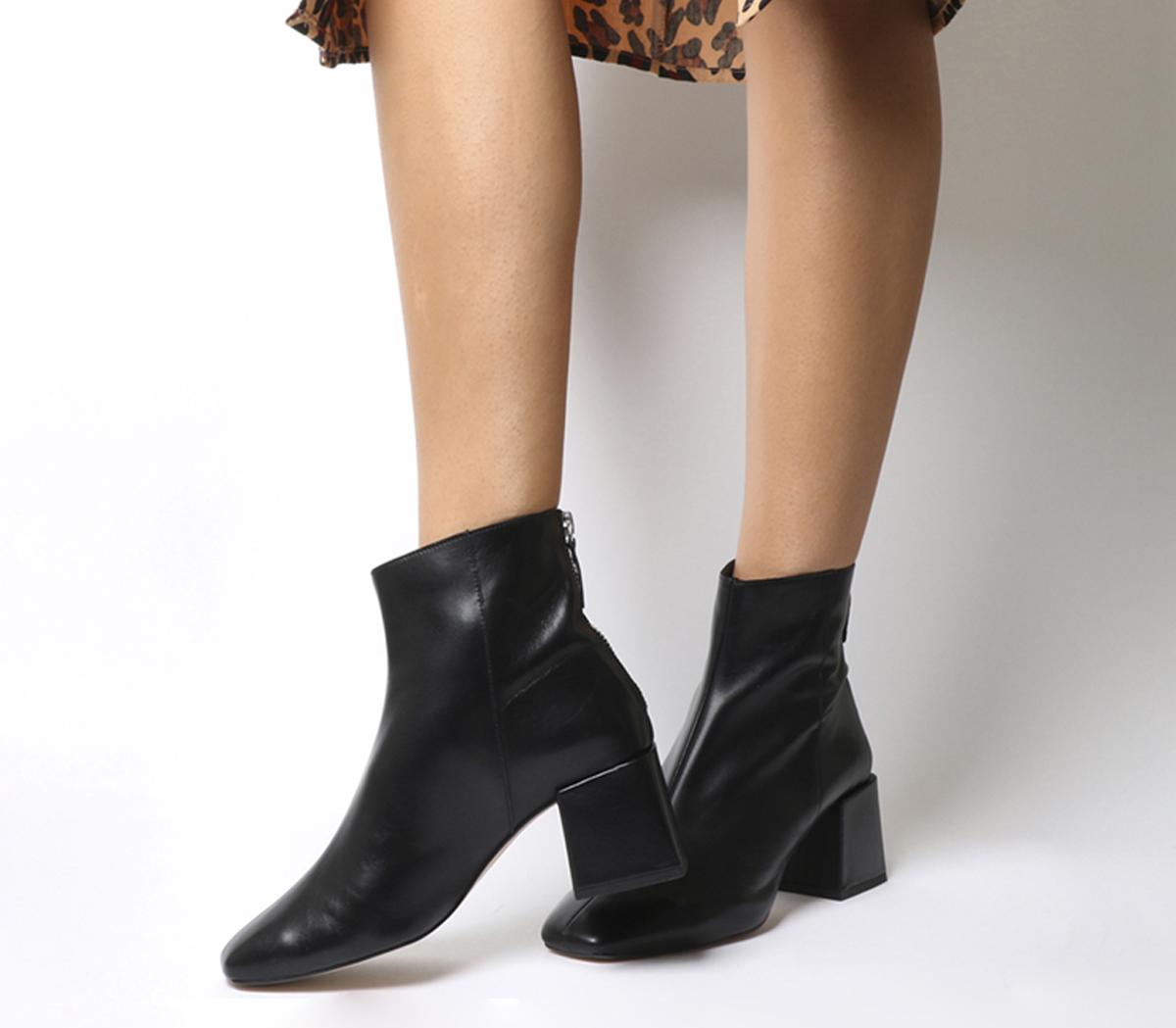 black leather booties with block heel
