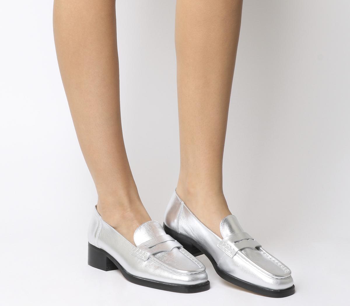 Square Toe Loafers Silver Leather - Loafers