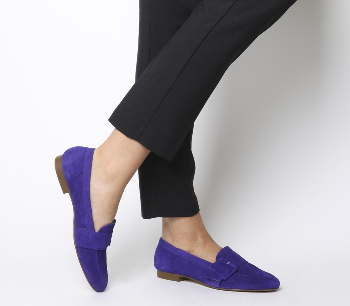 purple suede loafers