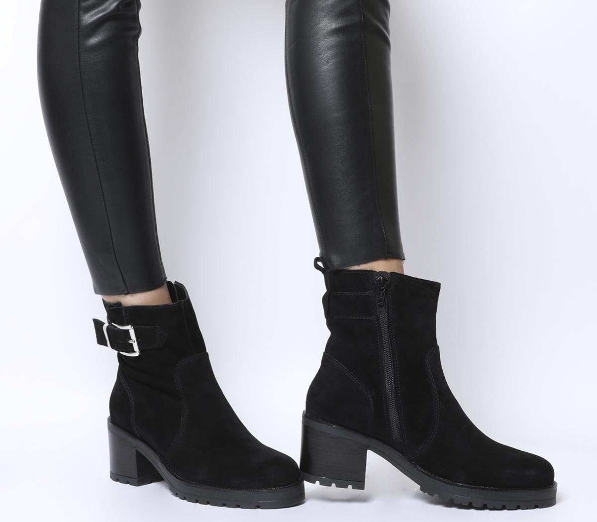 black suede buckle ankle boots