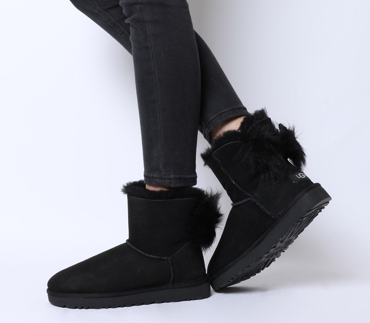 UGG Fluff Bow Mini Boots Black Suede 