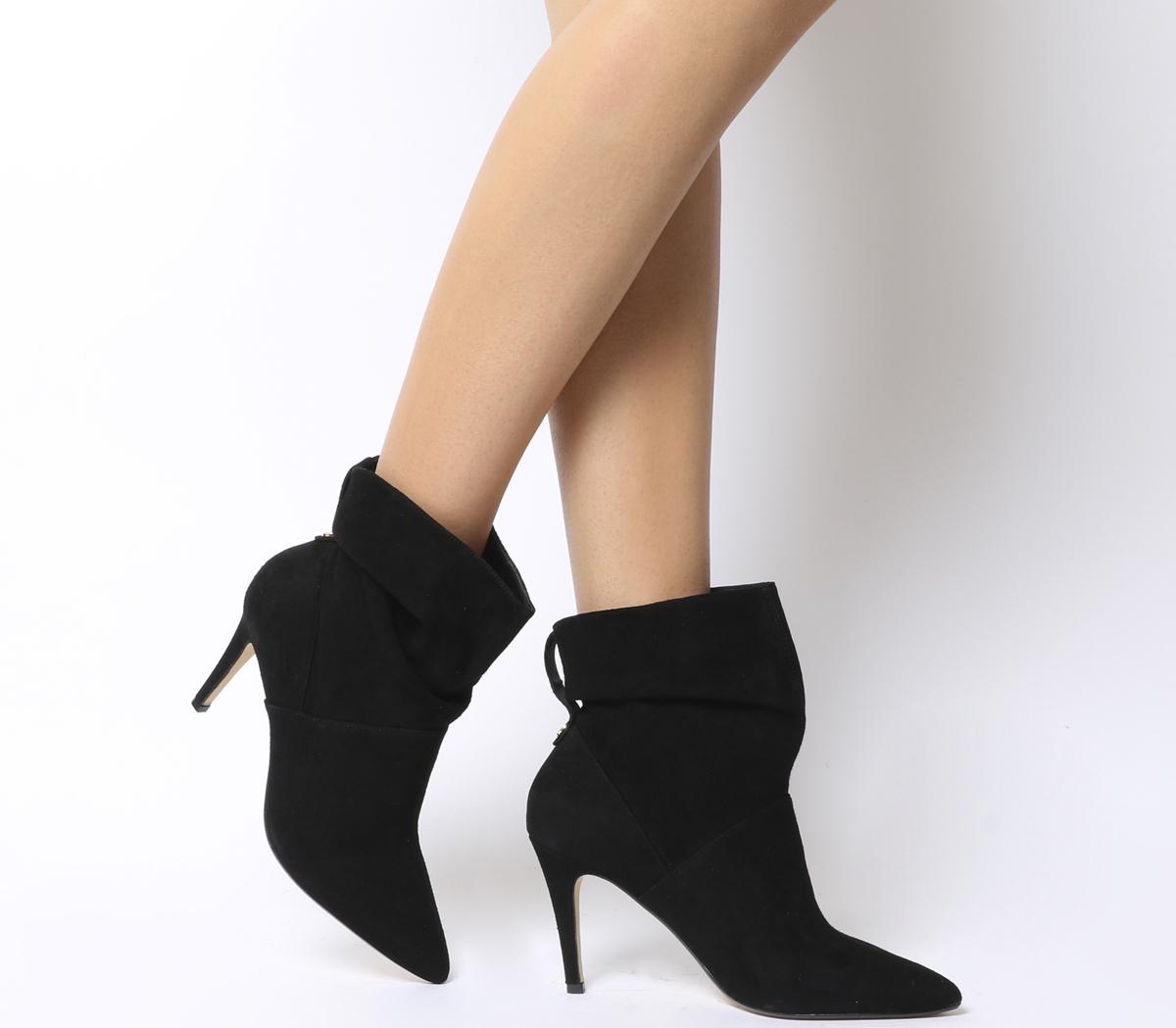 black suede mid heel ankle boots
