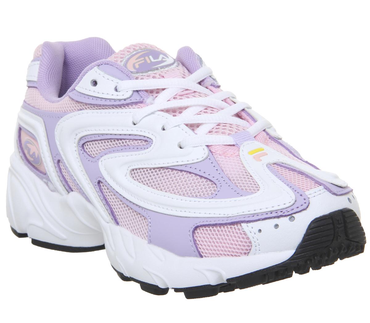 white and pink fila trainers