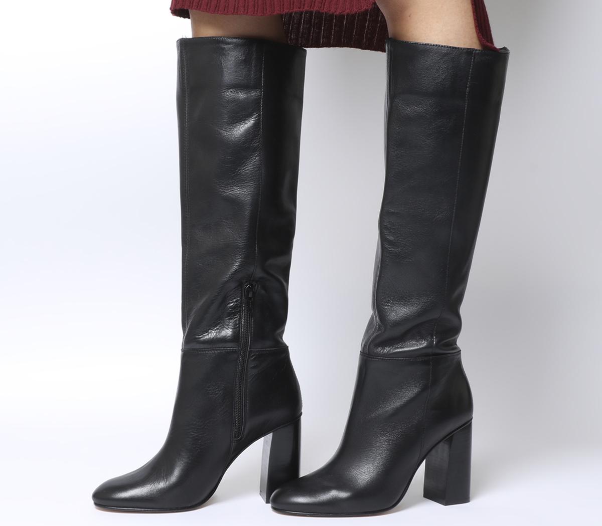 black leather knee high block heel boots