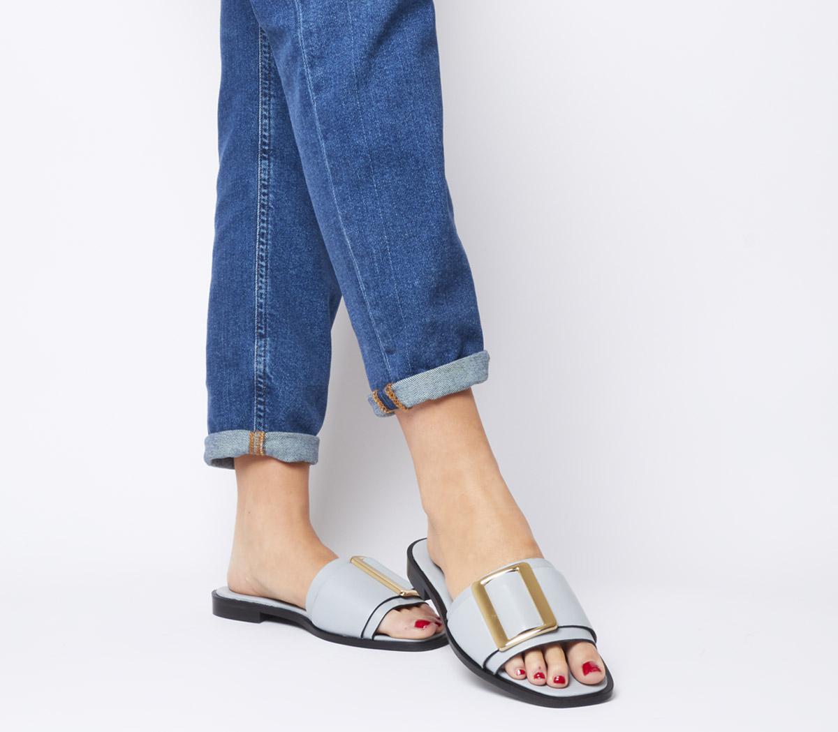 blue leather mules