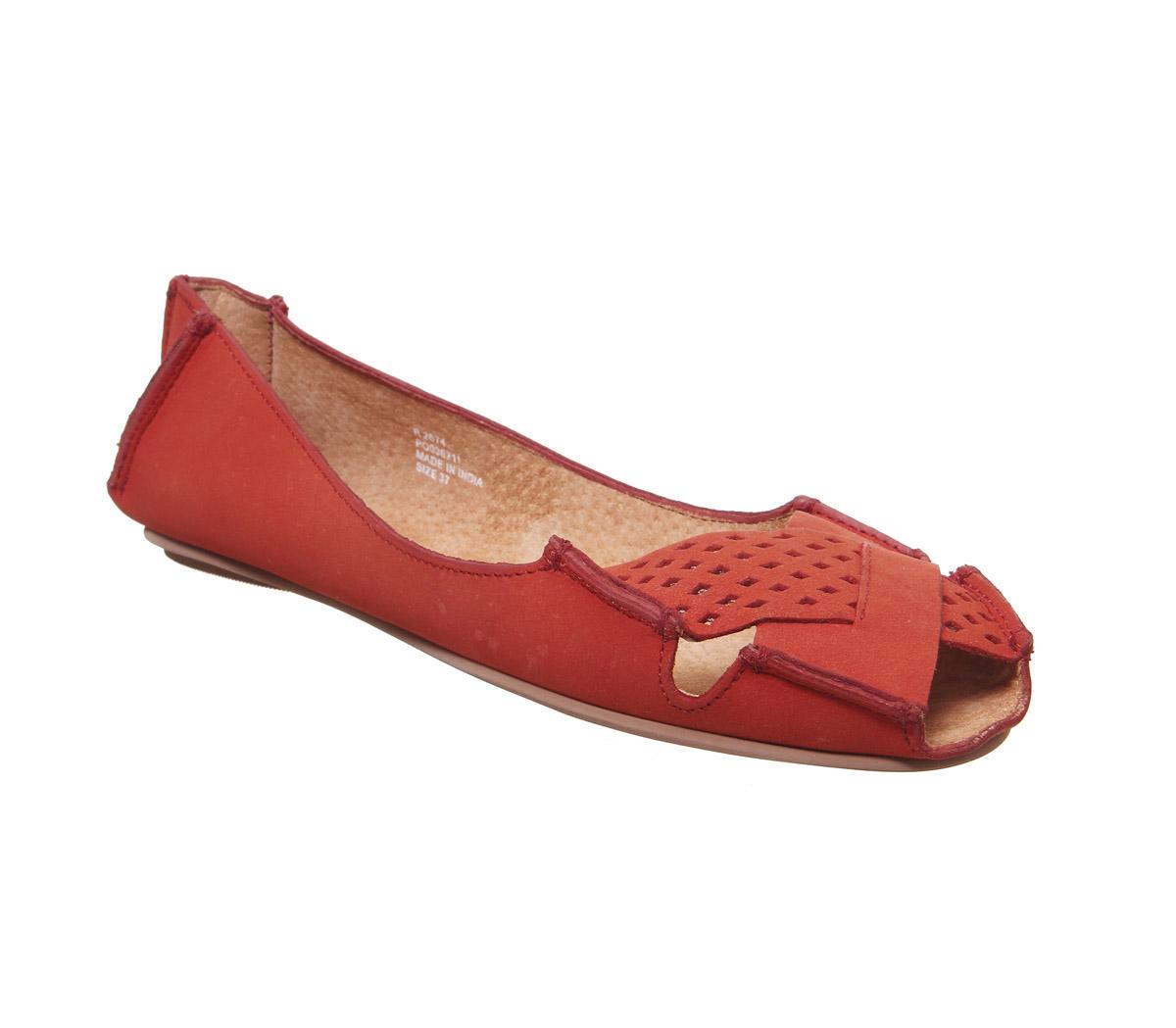 Office Felt Peep Toe Shoes Red Leather Flat Shoes for Women