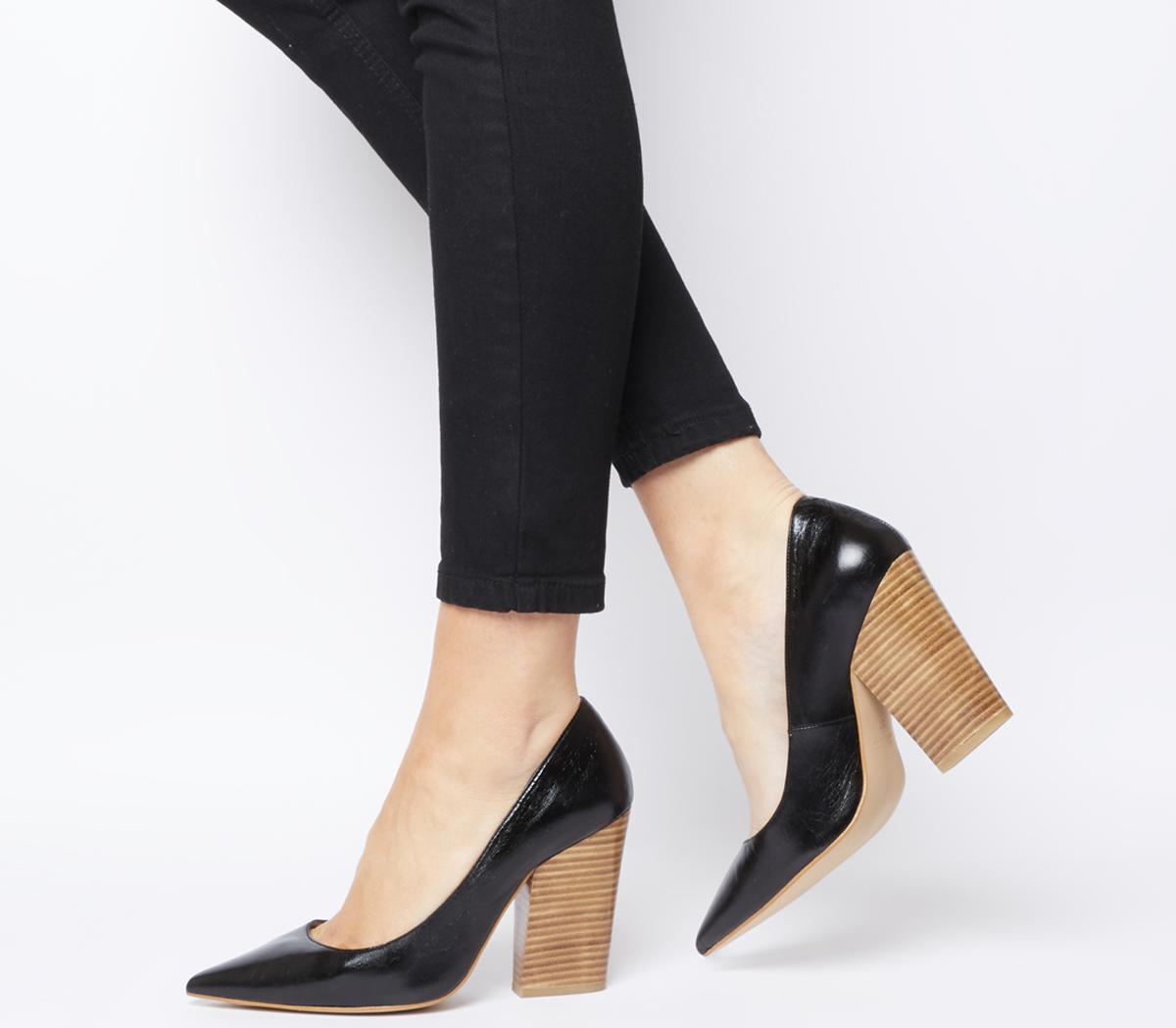 black stacked heels