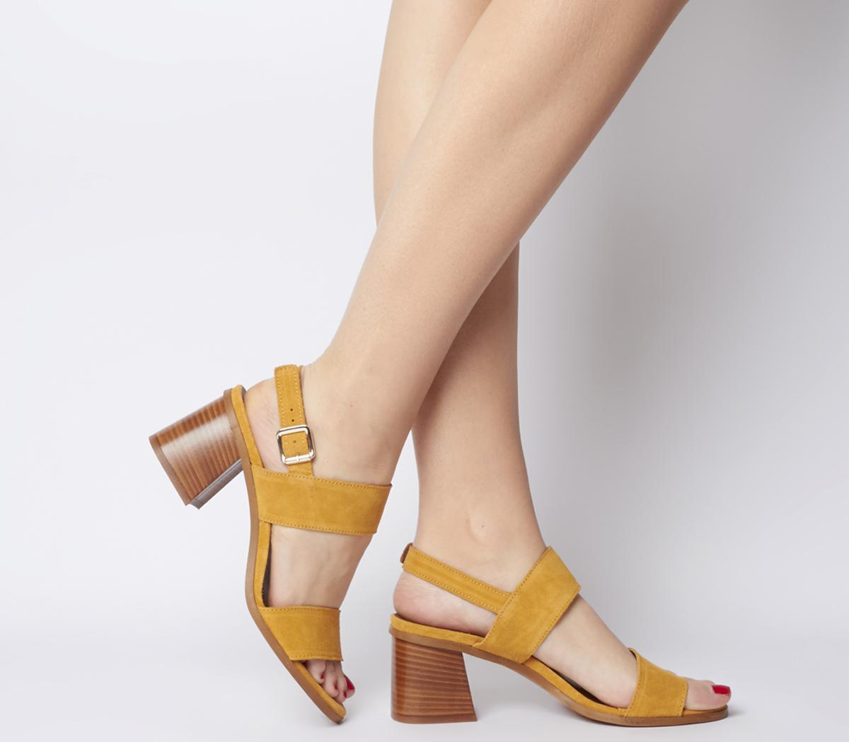 yellow suede block heels
