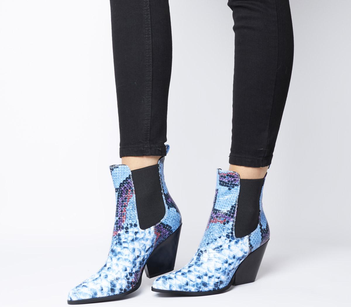 blue snake print boots