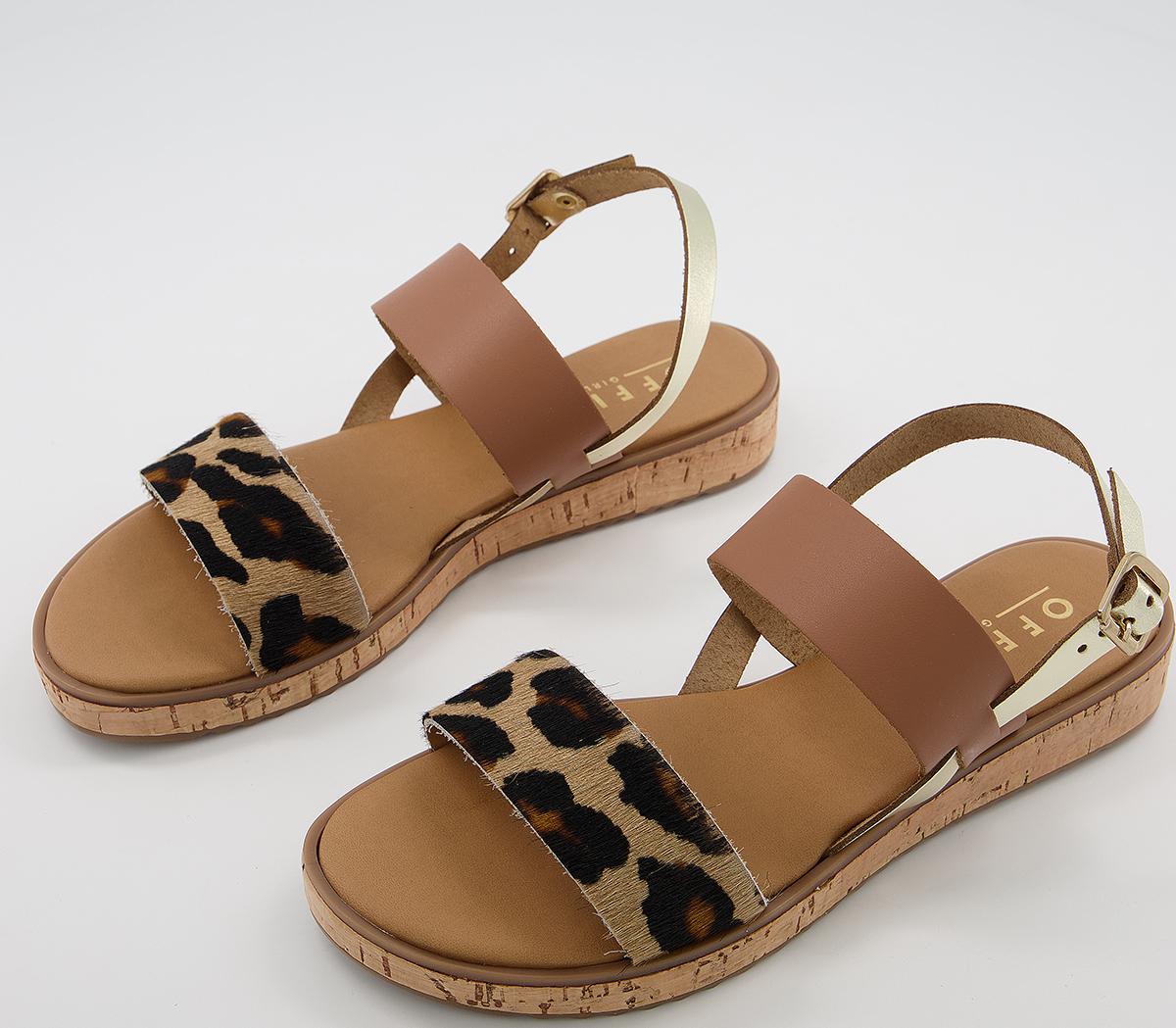 Office Sense Cork Sole Sandals Tan Leopard Gold Mix - Womenâs Sandals