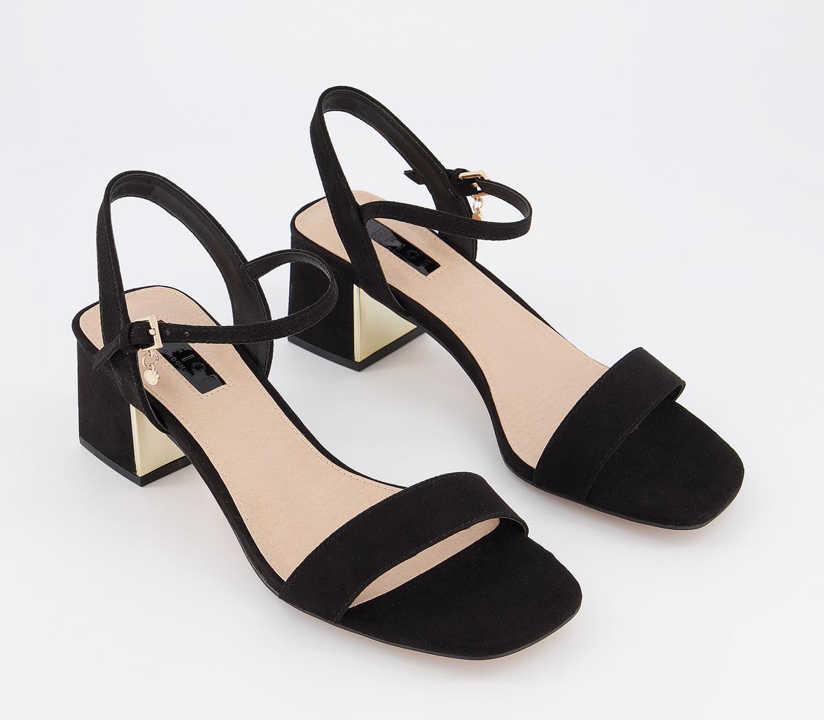 Office Mula Minimal Block Heel Sandals Black With Gold Heel Plate - Mid ...