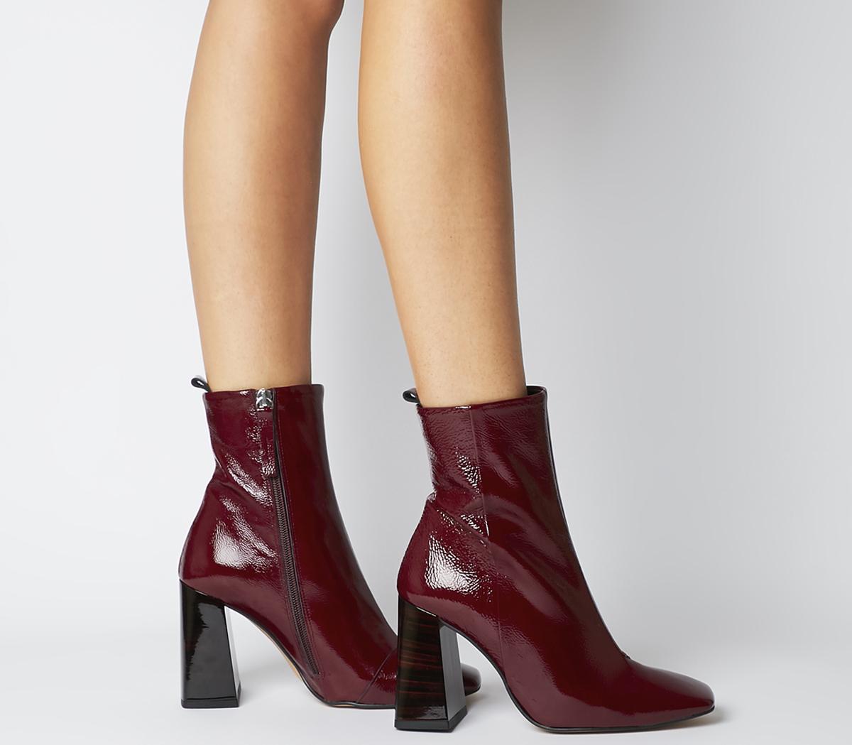 burgundy patent leather ankle boots