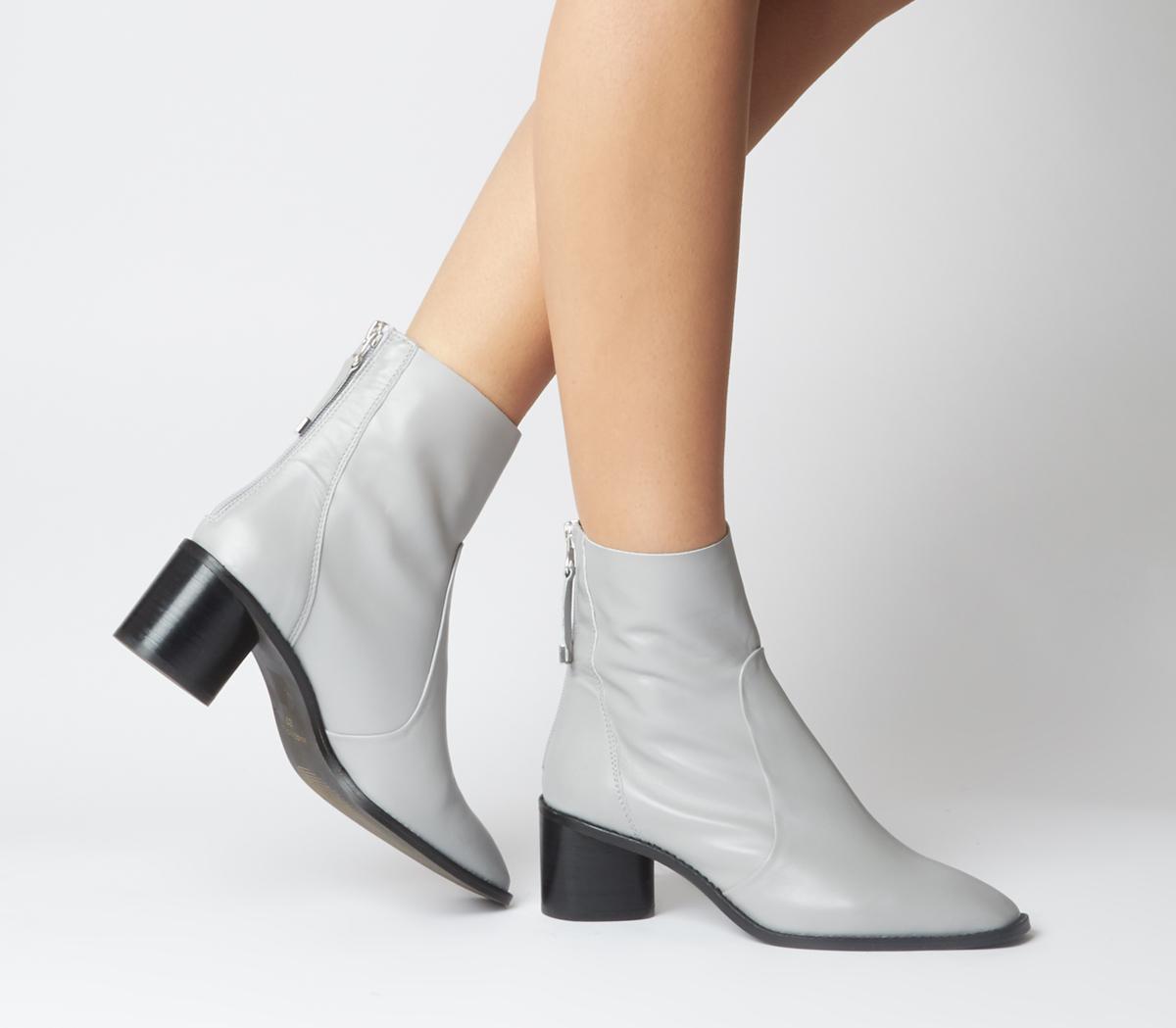 Office Achilles Unlined Block Heels Grey Leather Ankle Boots