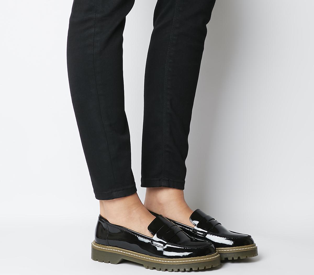 black patent leather penny loafers