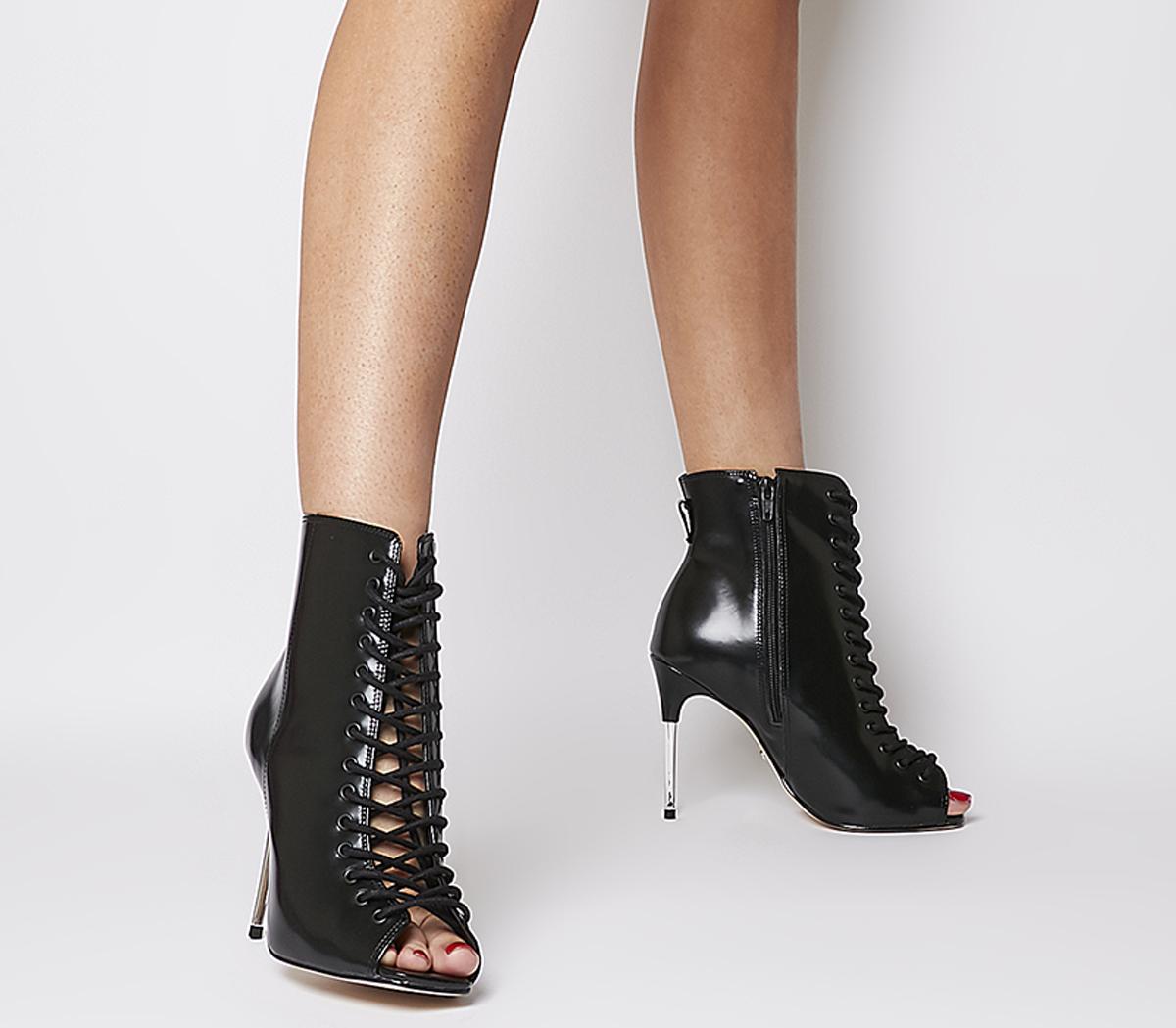 black heeled boots open toe