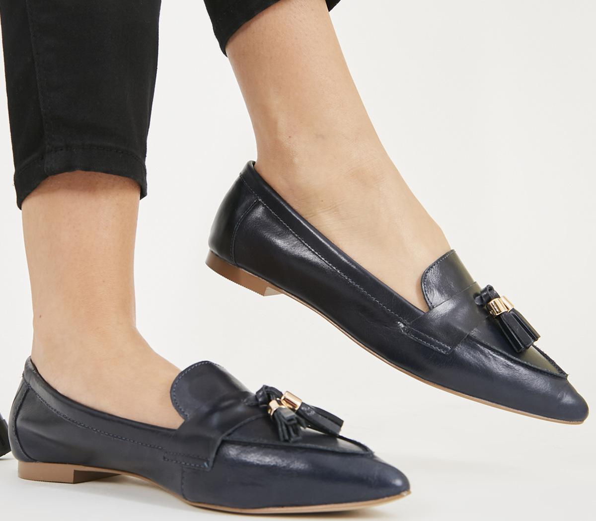 Office Fib Pointed Tassel Loafers Navy Leather Women S Loafers