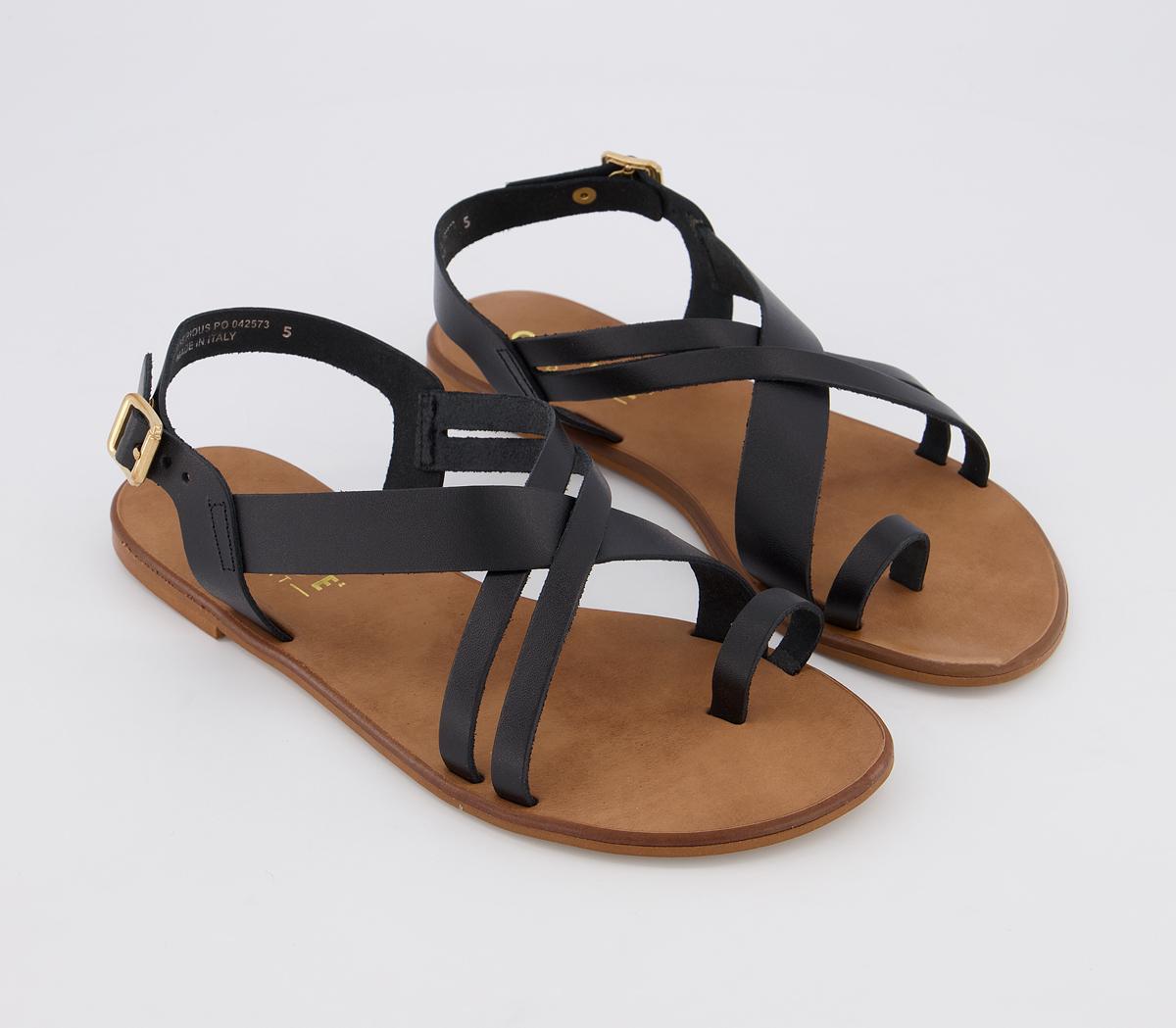 Office Serious Tan Toe Loop Sandals Black Leather - Women’s Sandals