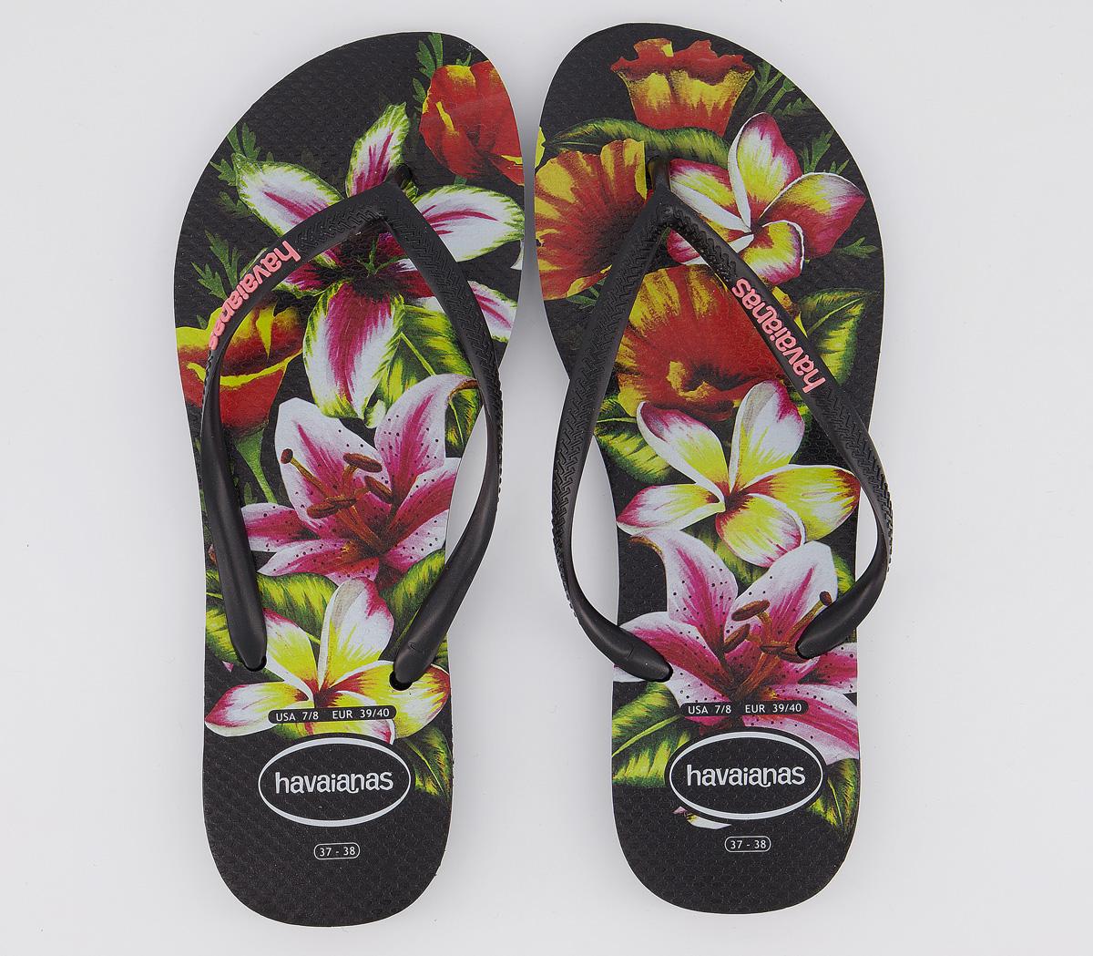 Havaianas Slim Floral Flip Flops Black - Women’s Sandals