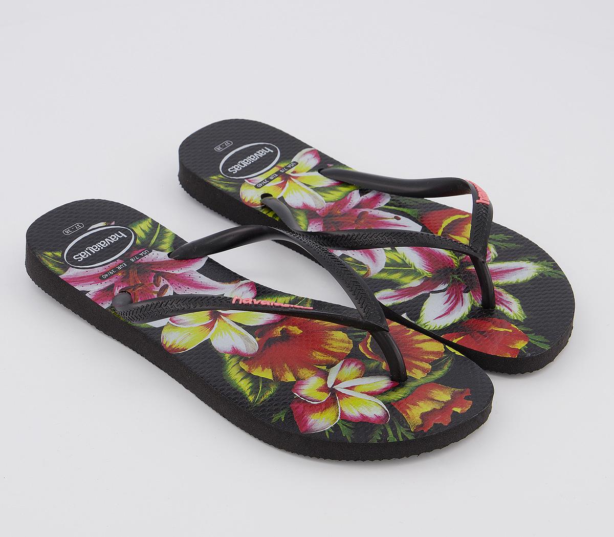 Havaianas Slim Floral Flip Flops Black - Womenâs Sandals