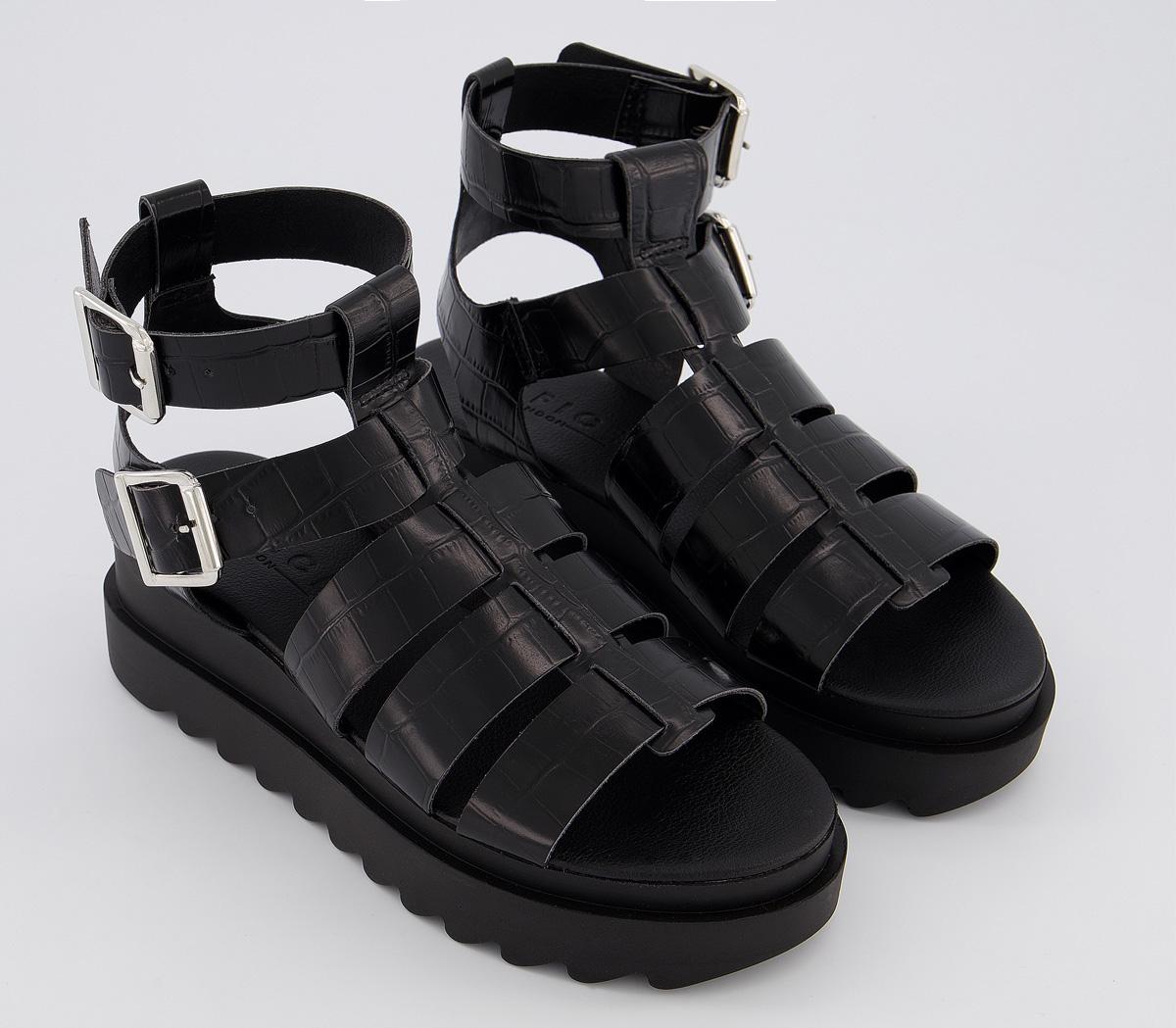 Office Magnet Chunky Gladiator Sandals Black Croc Leather - Mid Heels