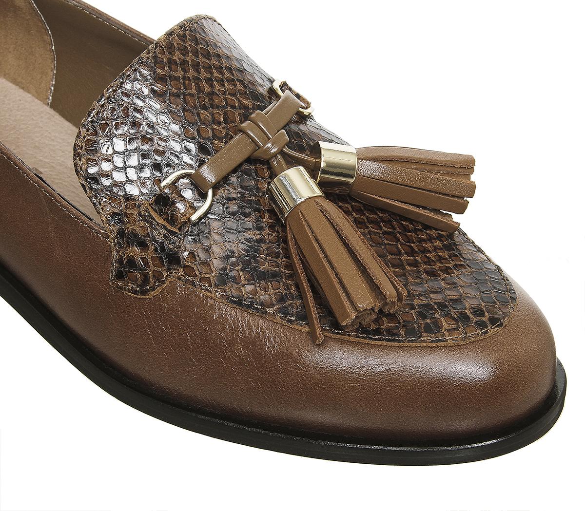 Office Function Tassel Loafers Dark Tan Leather Snake Mix - Women’s Loafers
