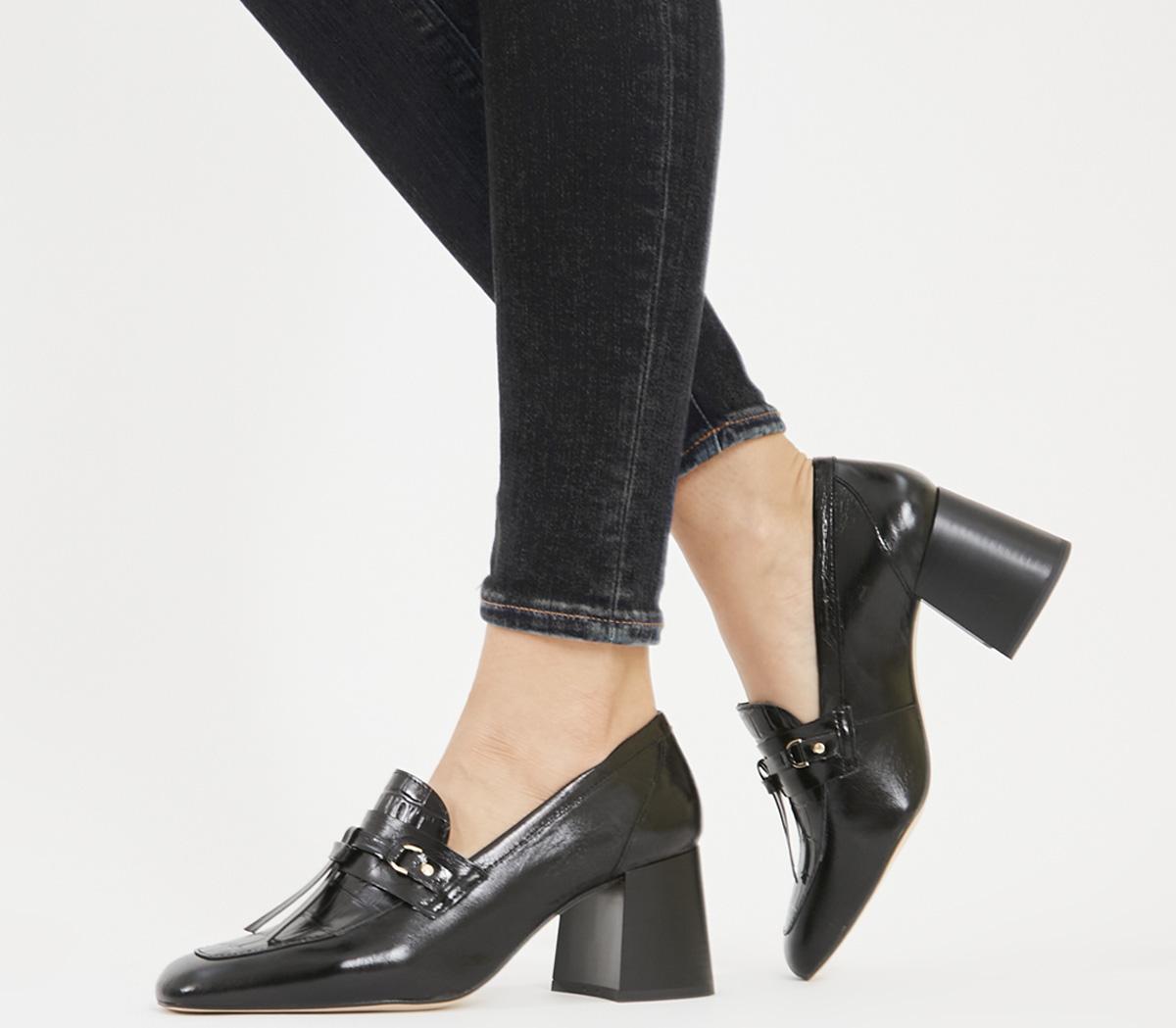 black heeled loafers